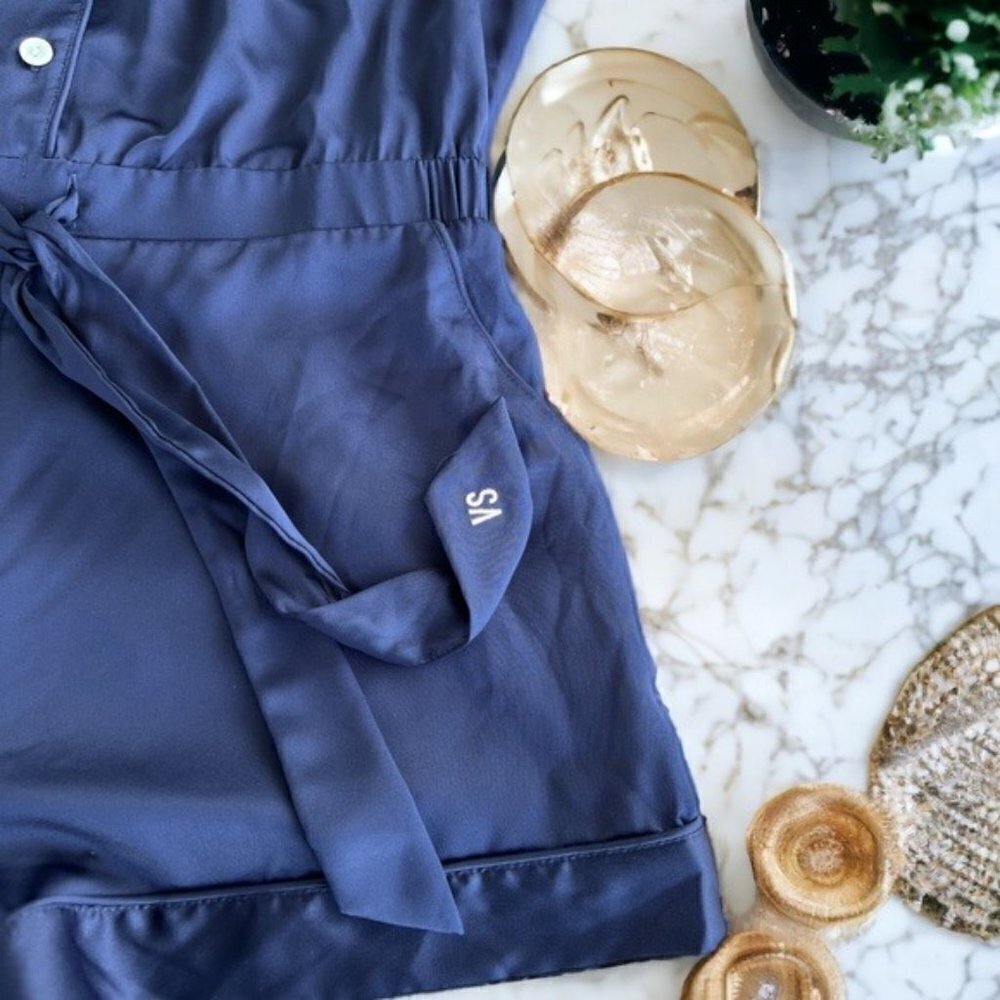 Victoria’s Secret Navy Blue Satin Button Front Lounge Pajama Romper Size Medium - Picture 6 of 11